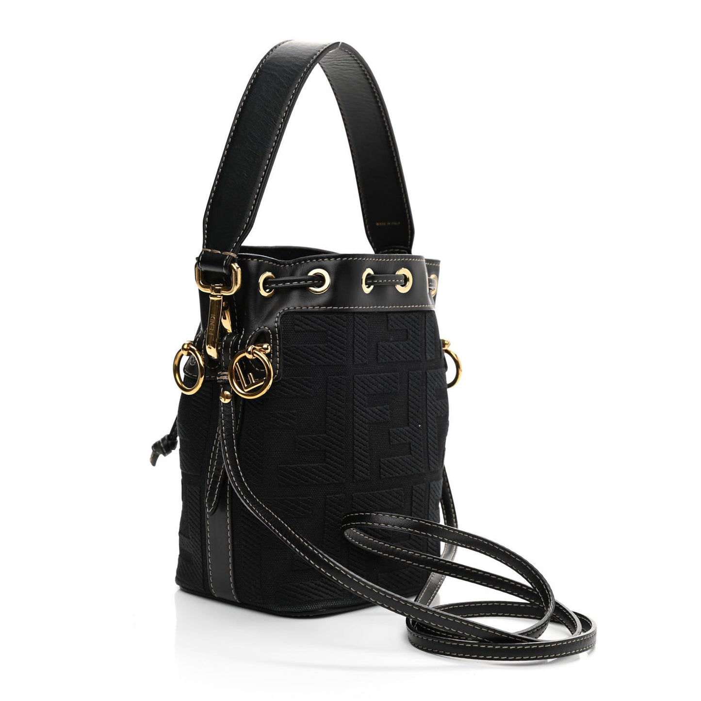 Canvas Vitello King F is Fendi FF Embroidered Mini Mon Tresor Bucket Bag Black