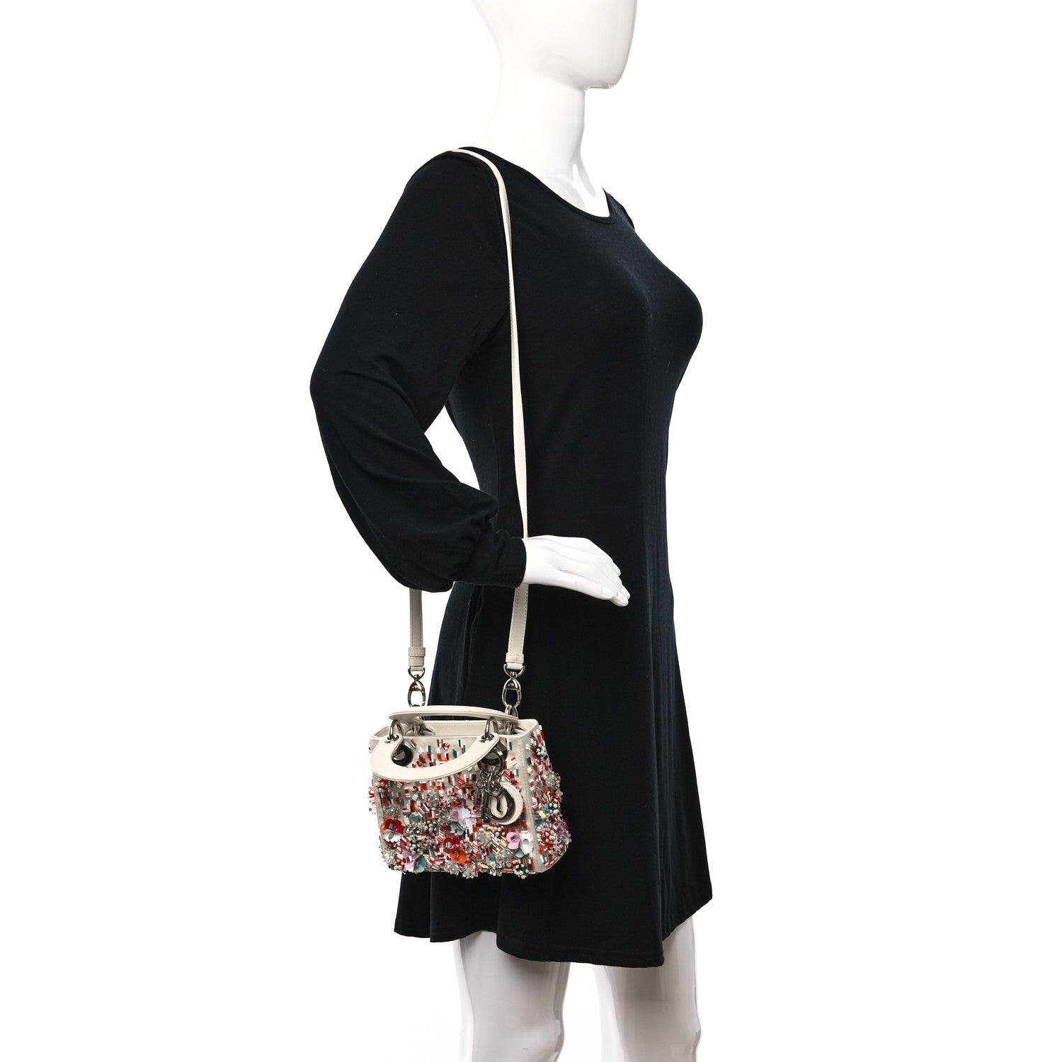 Christian Dior Satin Beaded Floral Embroidered Mini Lady Dior White Multicolor 2 of 12