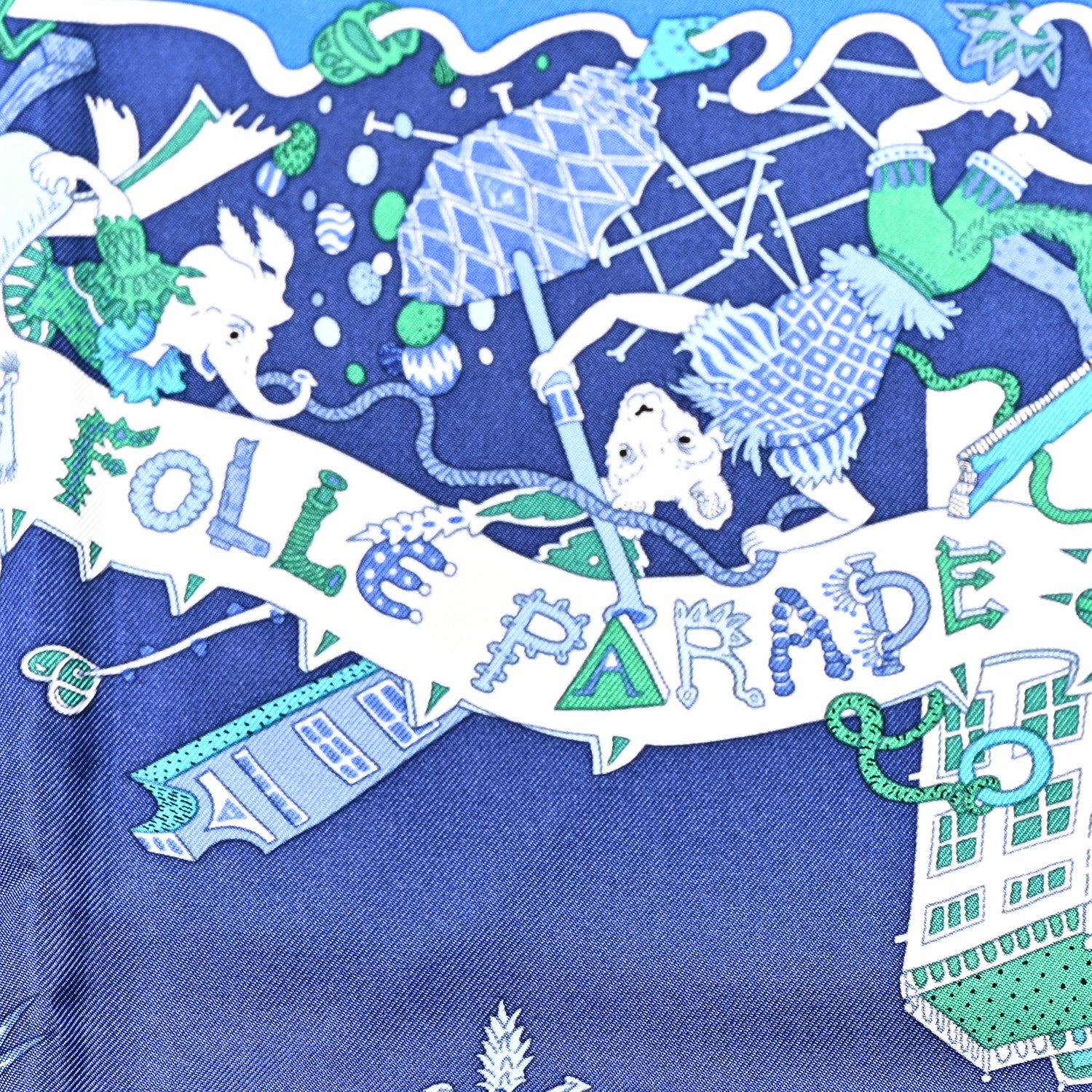 Hermes Silk La Folle Parade Scarf 90 Bleu Azur Encre Menthol 5 of 5