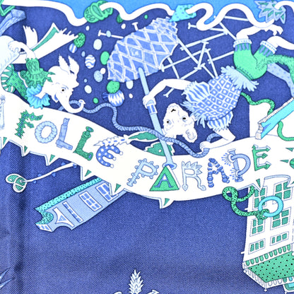Hermes Silk La Folle Parade Scarf 90 Bleu Azur Encre Menthol 5 of 5