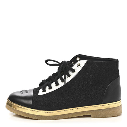 Chanel Tweed Calfskin CC Lace Up Short Boots 39 Black Gold 1 of 9