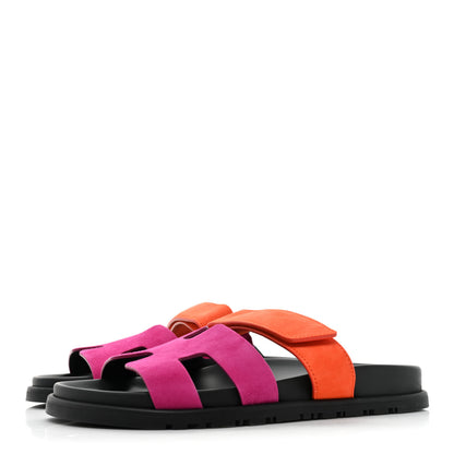 Hermes Suede Goatskin Womens Chypre Sandals 37.5 Rose Chapas Orange Synthetique 3 of 8