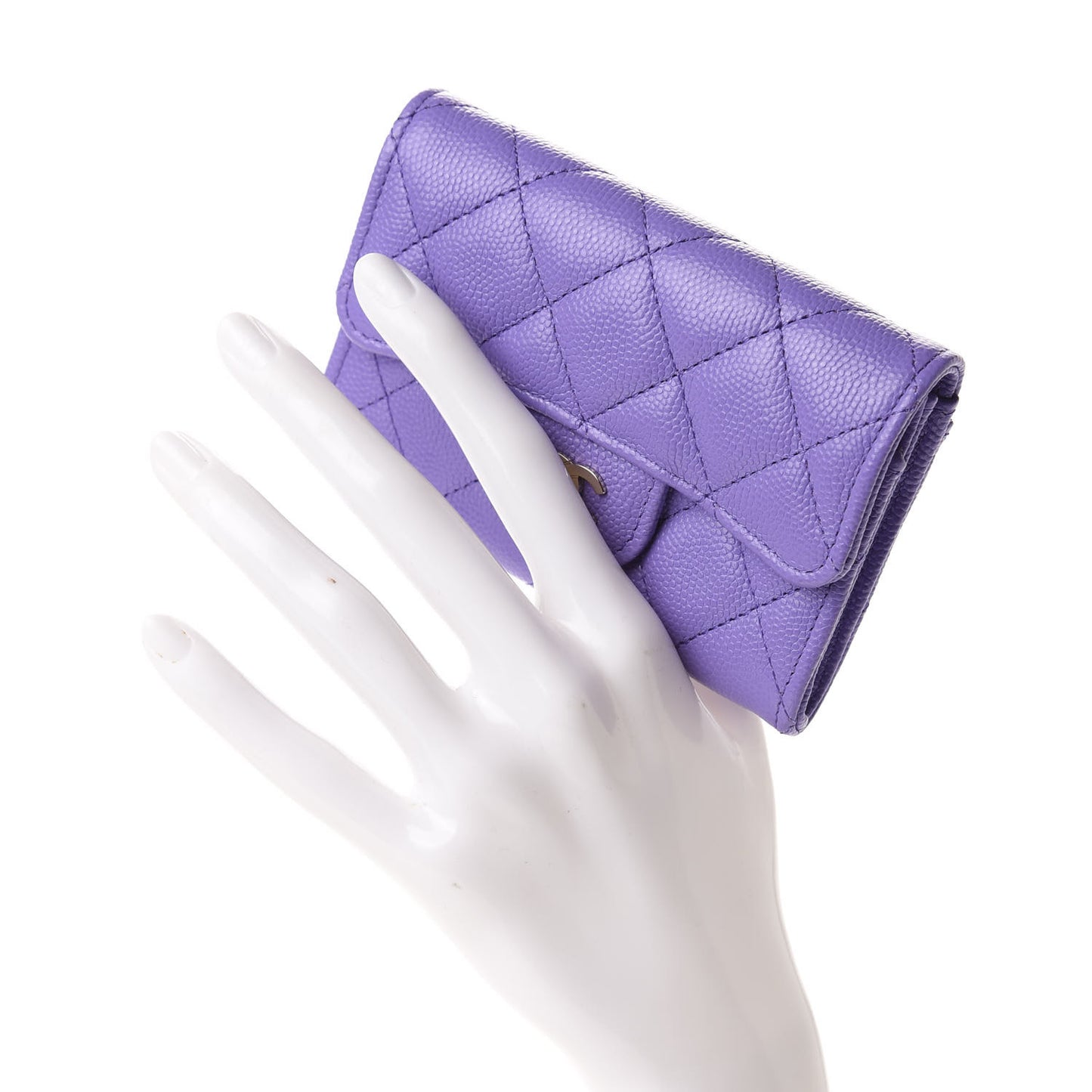 Caviar Quilted Flap Card Holder Wallet Purple