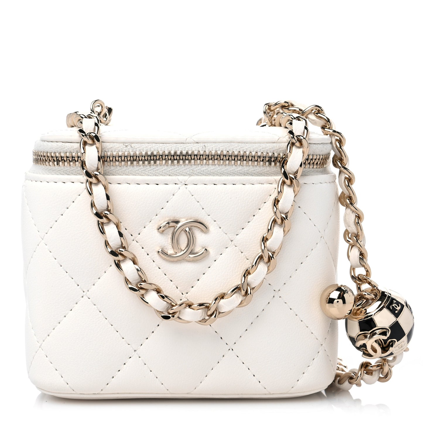 Lambskin Quilted Enamel Pearl Crush Mini Vanity Case With Chain White