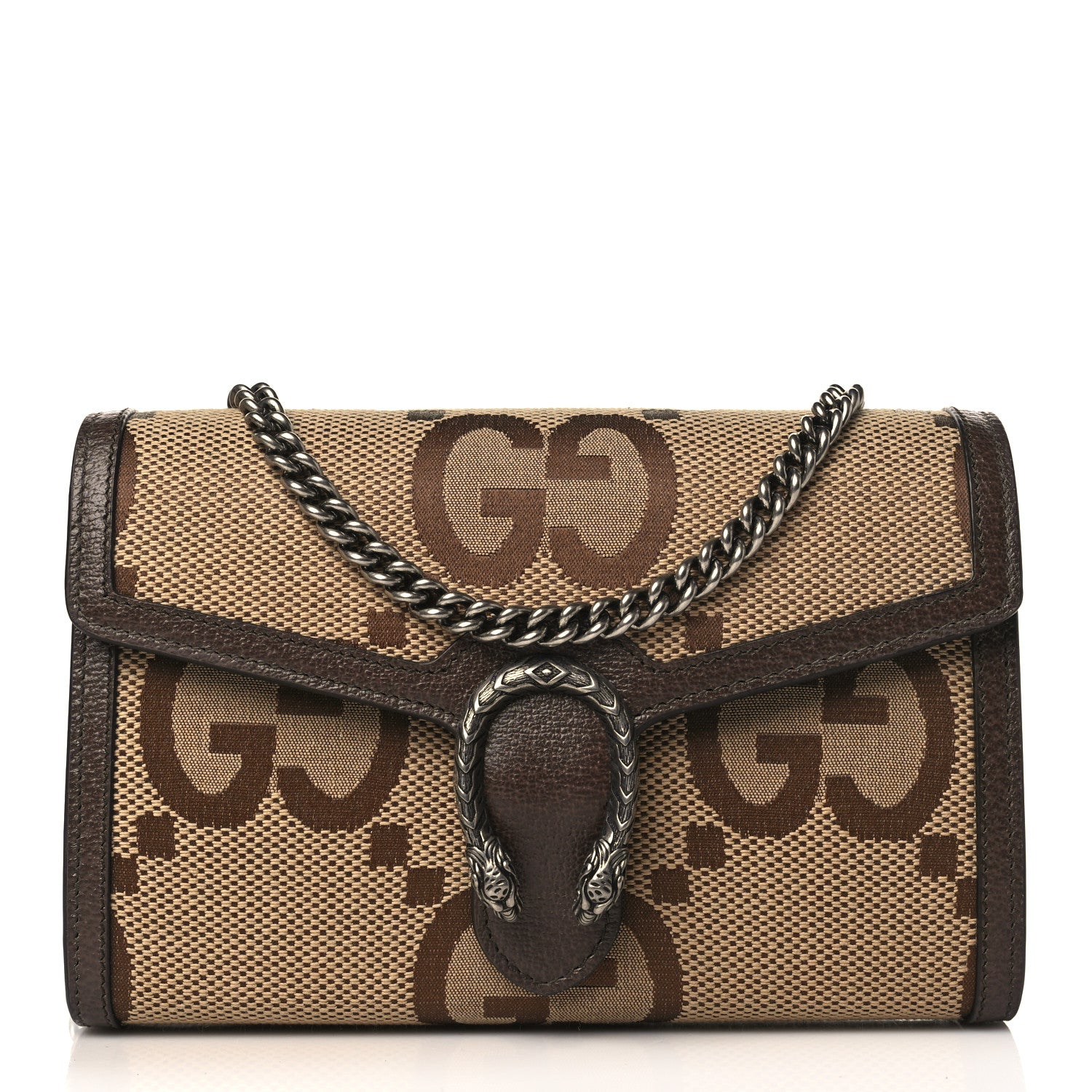 Gucci Monogram Jumbo GG Textured Dollar Calfskin Mini Dionysus Chain Wallet Camel Ebony New Acero 1 of 9