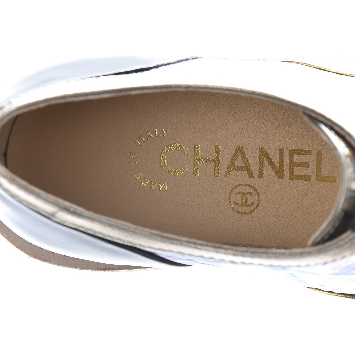 Chanel Metallic Goatskin Patent Calfskin Lizard Lace Up Loafers 37 Light Gold Black Multcolor 7 of 9
