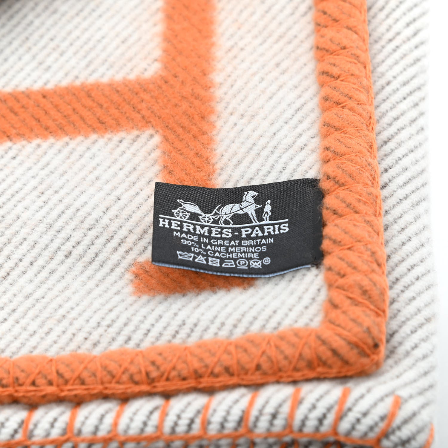 Hermes Wool Cashmere Signature Classic Avalon Blanket Ecru Potiron 3 of 3