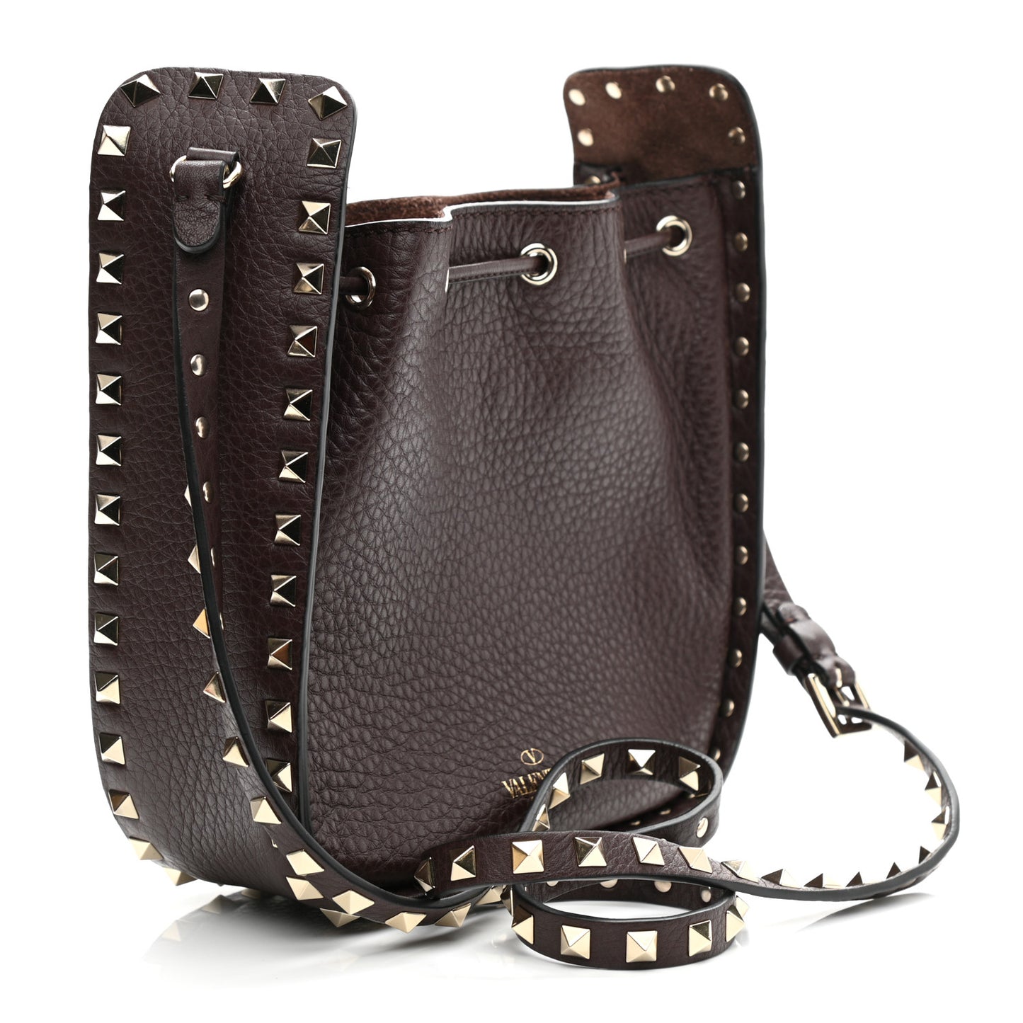 Grained Calfskin Rockstud Bucket Bag Rubin