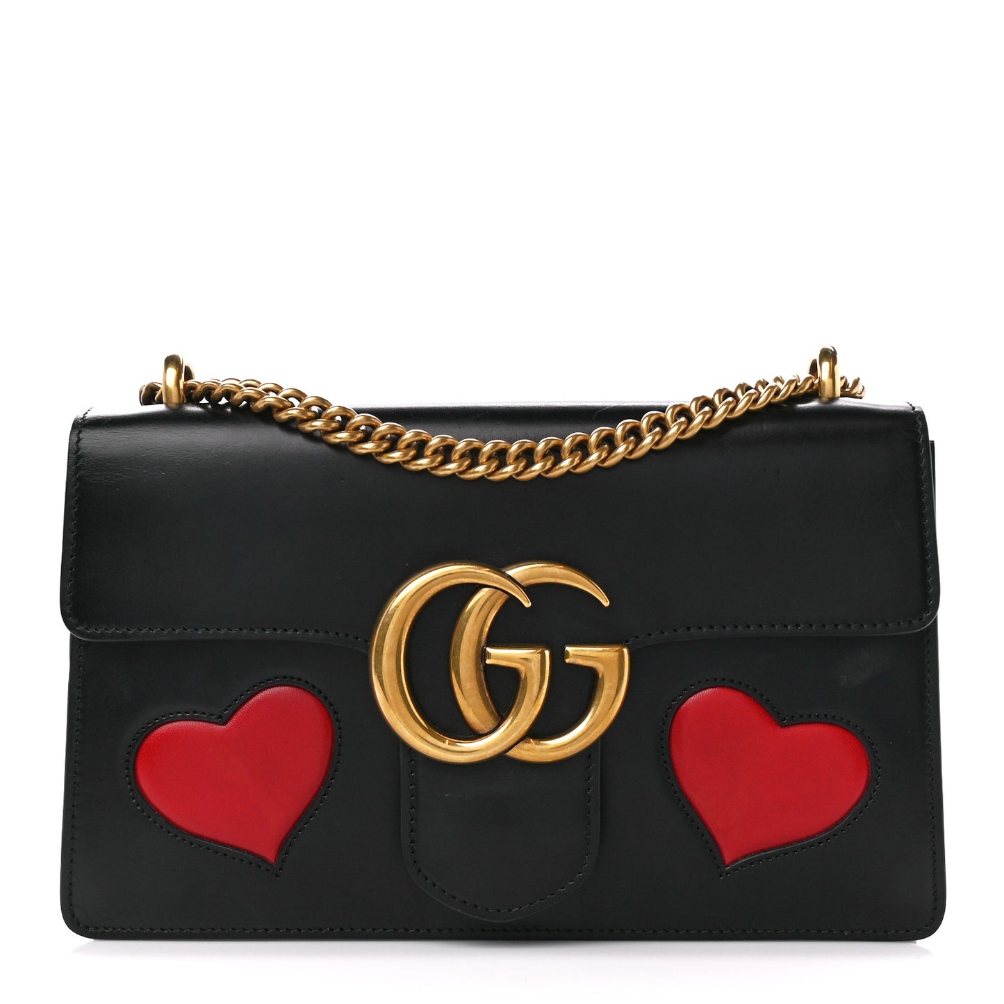 Knight Calfskin Malaga Kid Heart Medium GG Marmont Chain Handle Bag Black Hibiscus Red Multicolor