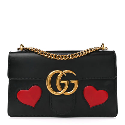 Gucci Knight Calfskin Malaga Kid Heart Medium GG Marmont Chain Handle Bag Black Hibiscus Red Multicolor 1 of 15