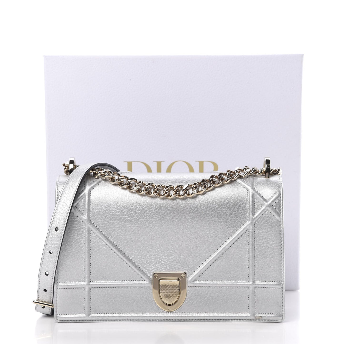 Metallic Grained Calfskin Medium Diorama Flap Bag Silver