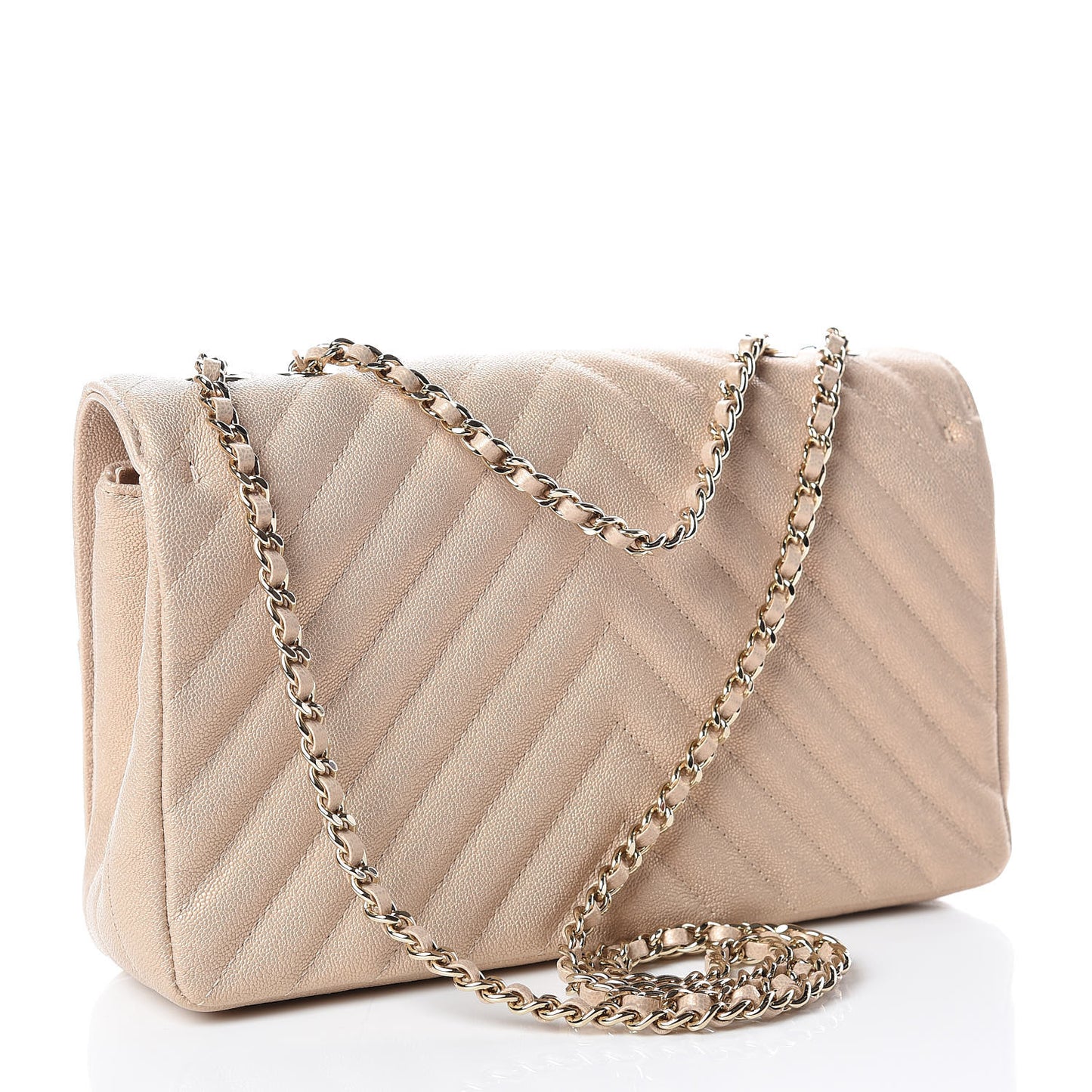 Metallic Caviar Chevron Quilted Medium Statement Flap Beige