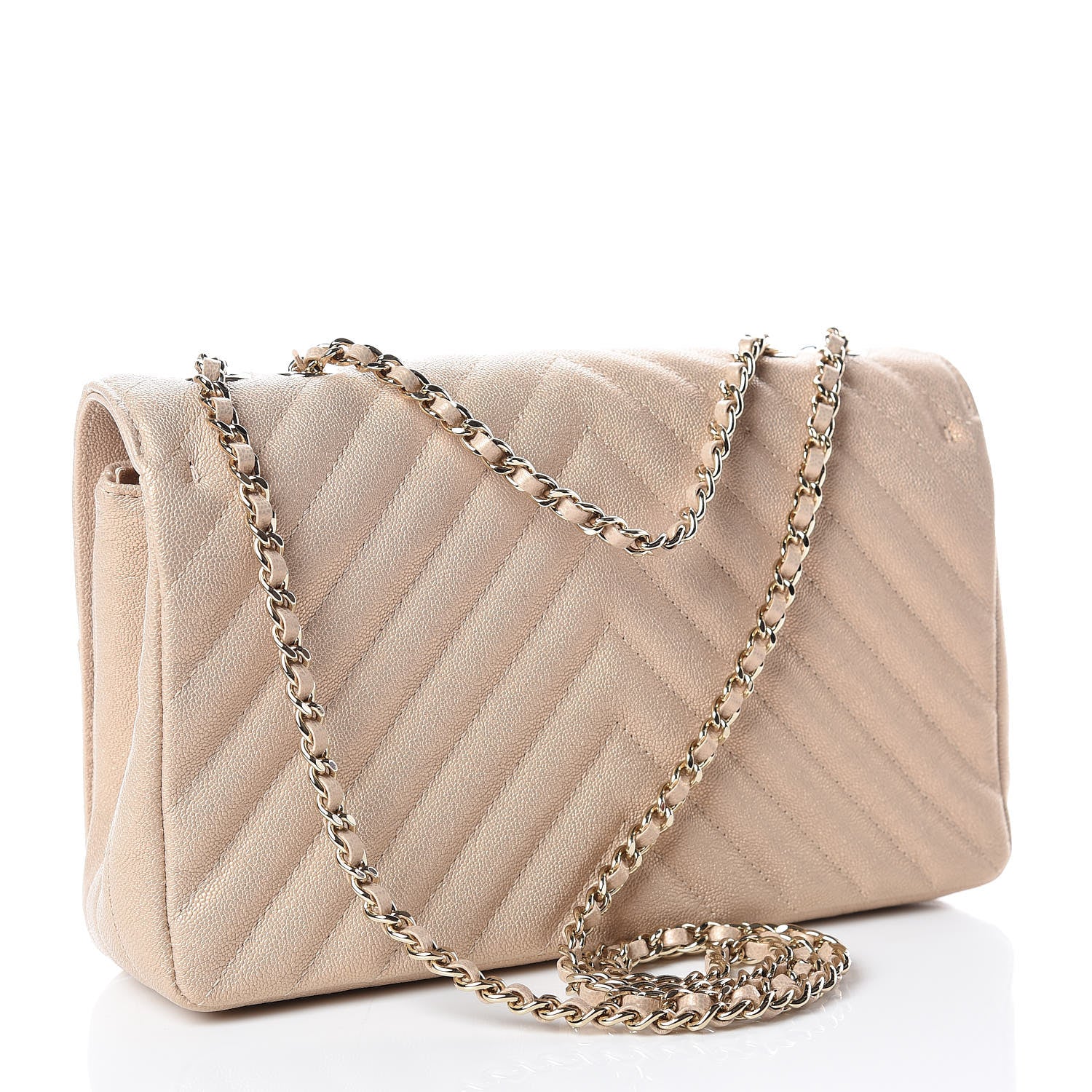 Chanel Metallic Caviar Chevron Quilted Medium Statement Flap Beige 3 of 9