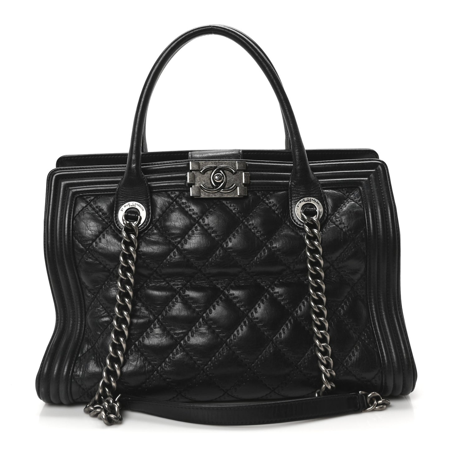 Calfskin Quilted Double Stitch Large Boy Tote Black