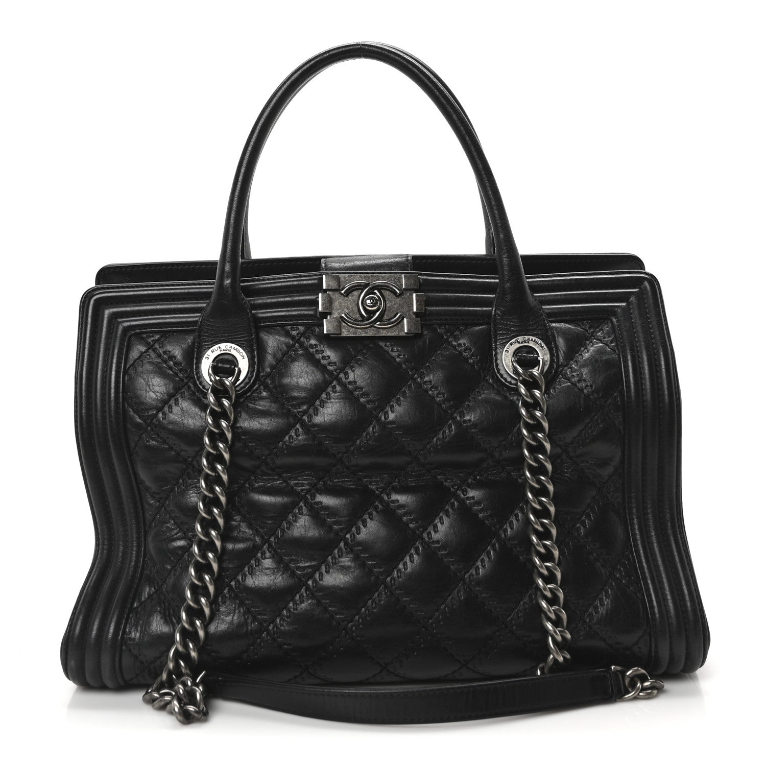 Chanel Calfskin Quilted Double Stitch Large Boy Tote Black 1 of 10