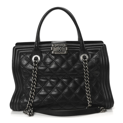 Chanel Calfskin Quilted Double Stitch Large Boy Tote Black 1 of 10