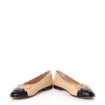Chanel Lambskin Cap Toe CC Ballerina Flats 37 Beige Black 6 of 16