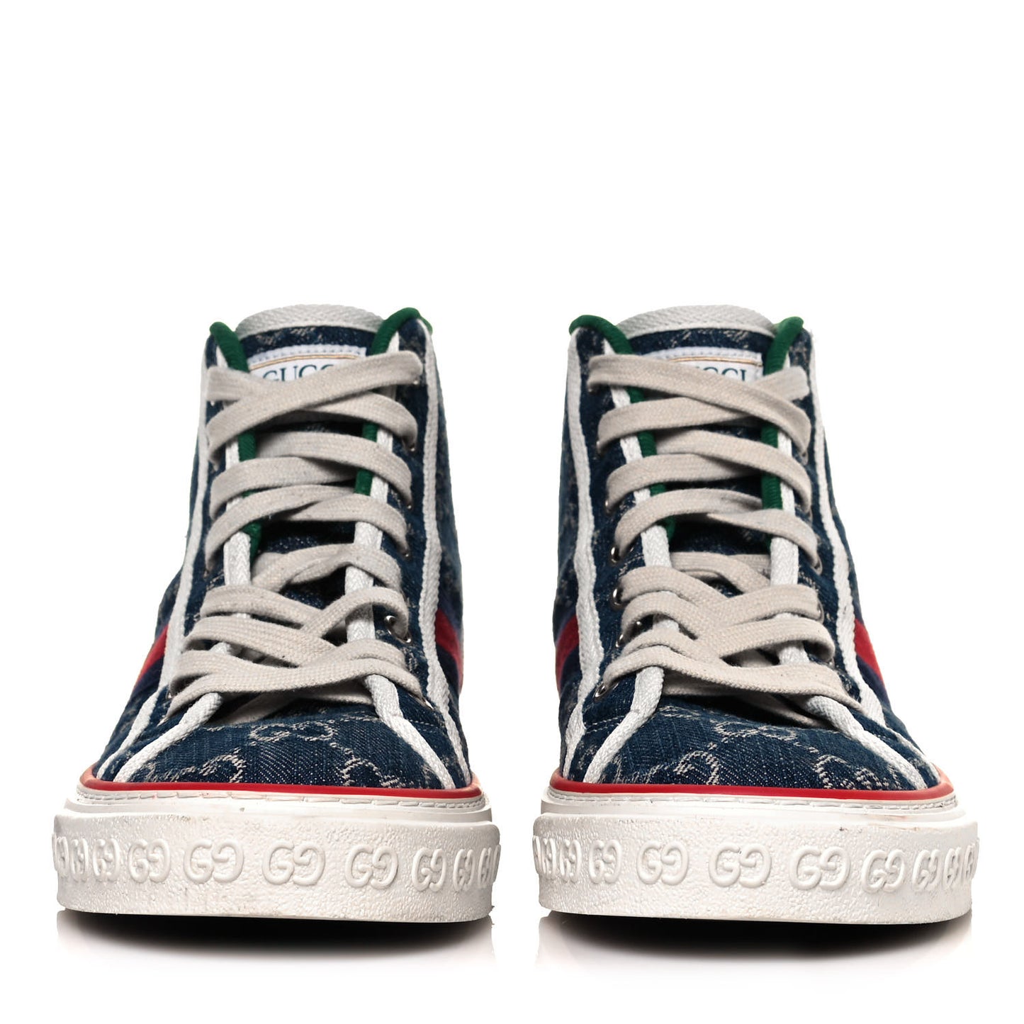 New Denim GG Monogram Web Womens 1977 Tennis High Top Sneakers 37.5 Blue Tea Mystic White