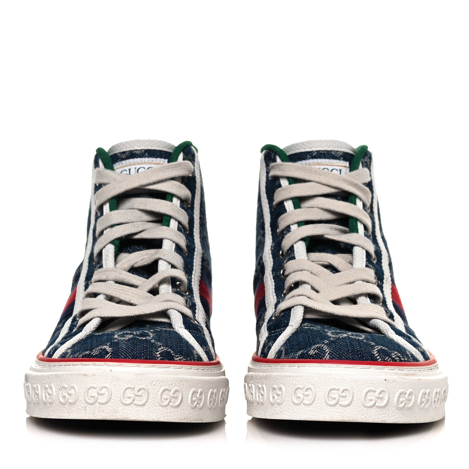 Gucci New Denim GG Monogram Web Womens 1977 Tennis High Top Sneakers 37.5 Blue Tea Mystic White 2 of 10