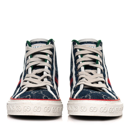 Gucci New Denim GG Monogram Web Womens 1977 Tennis High Top Sneakers 37.5 Blue Tea Mystic White 2 of 10