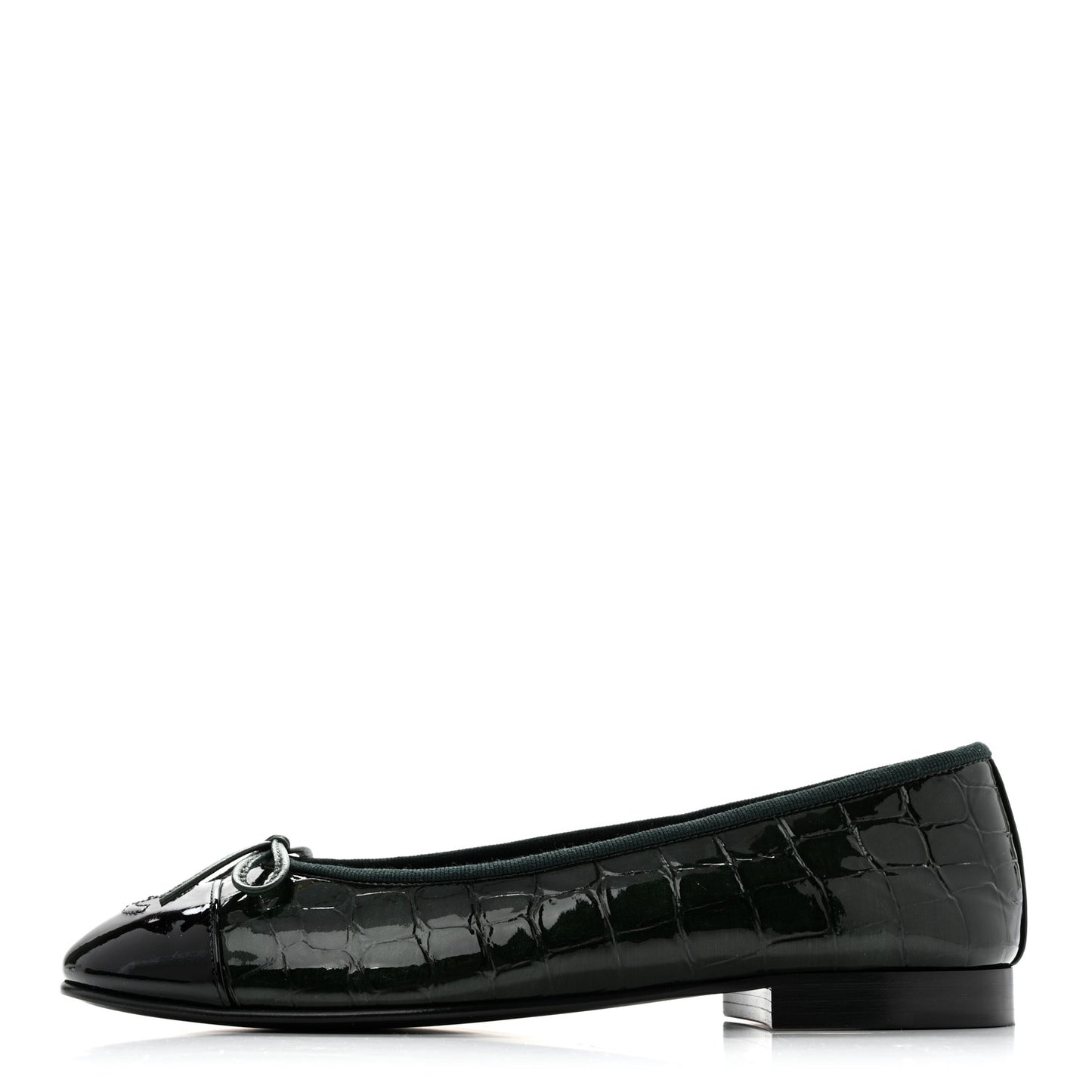 Patent Calfskin Crocodile Embossed Ballerina Flats 37 Dark Green Black