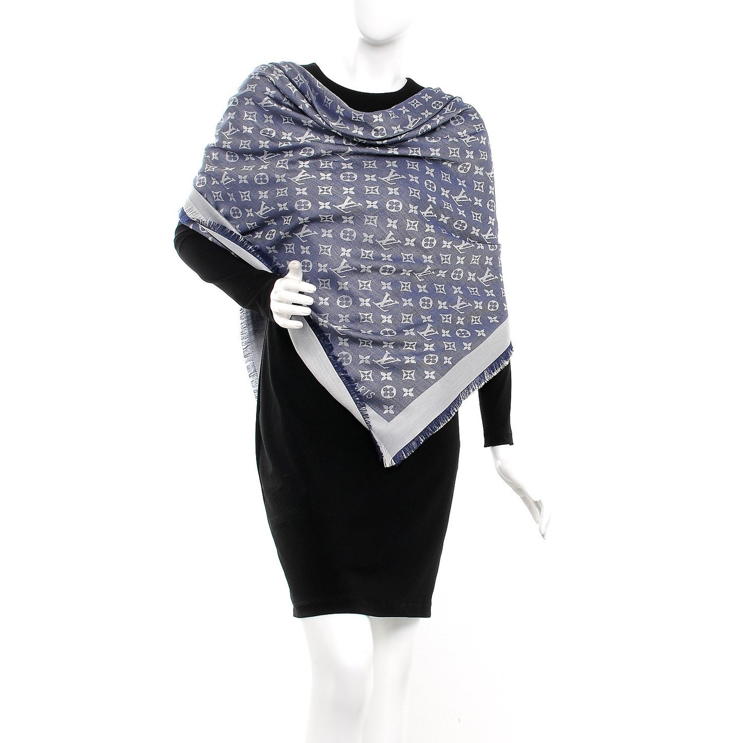 Silk Wool Monogram Denim Shawl Blue