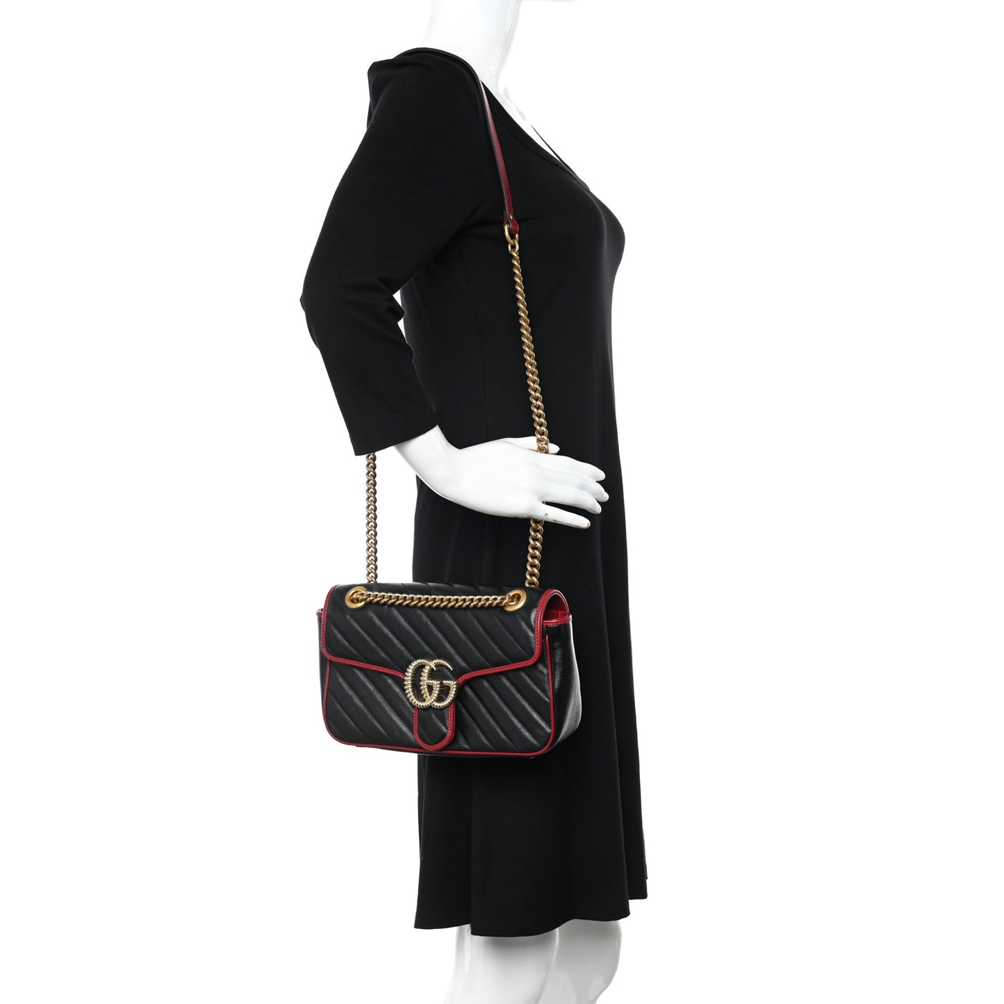 Vintage Effect Calfskin Matelasse Diagonal Small Torchon GG Marmont Shoulder Bag Black Romantic Cherry