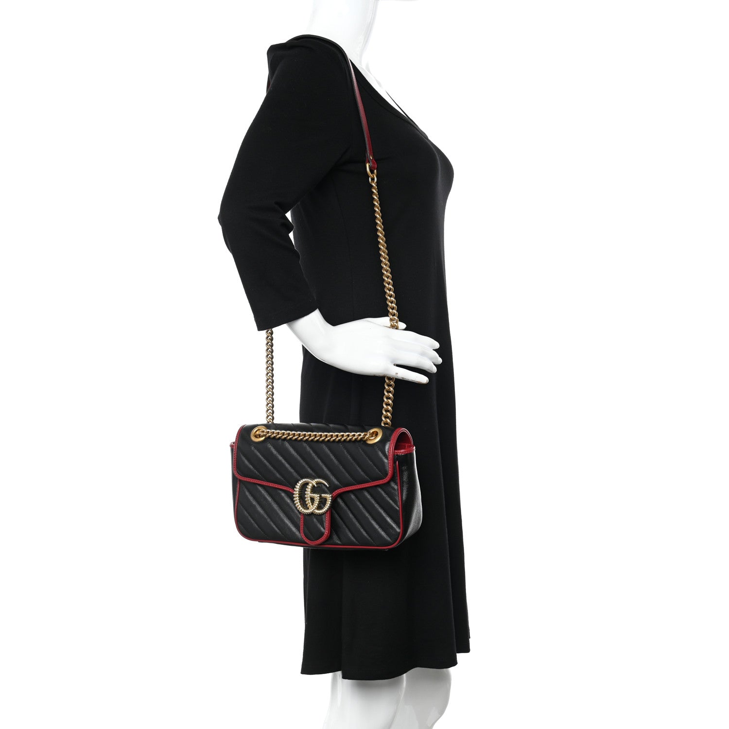 Gucci Vintage Effect Calfskin Matelasse Diagonal Small Torchon GG Marmont Shoulder Bag Black Romantic Cherry 2 of 13