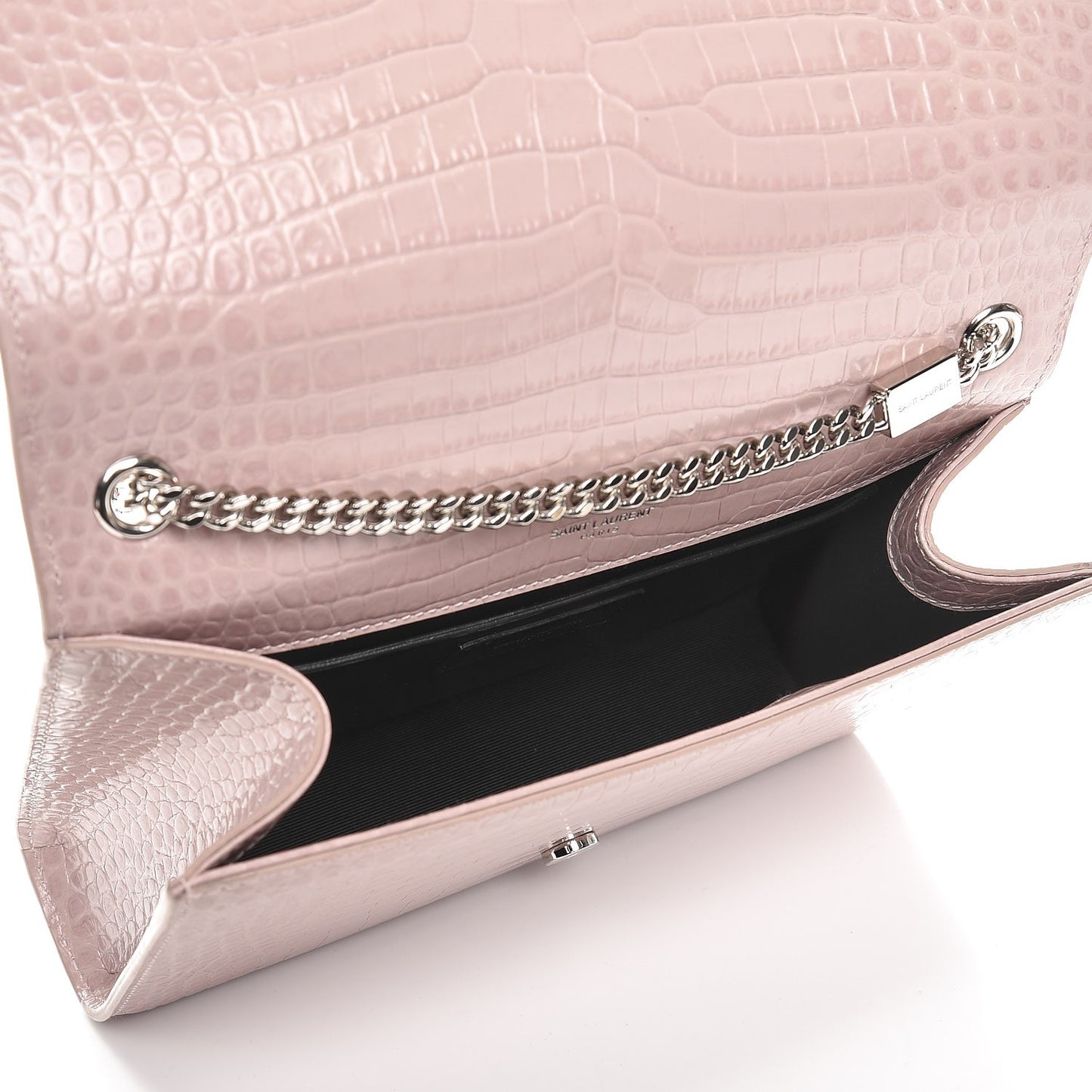 Calfskin Crocodile Embossed Medium Classic Monogram Kate Tassel Satchel Powder Pink