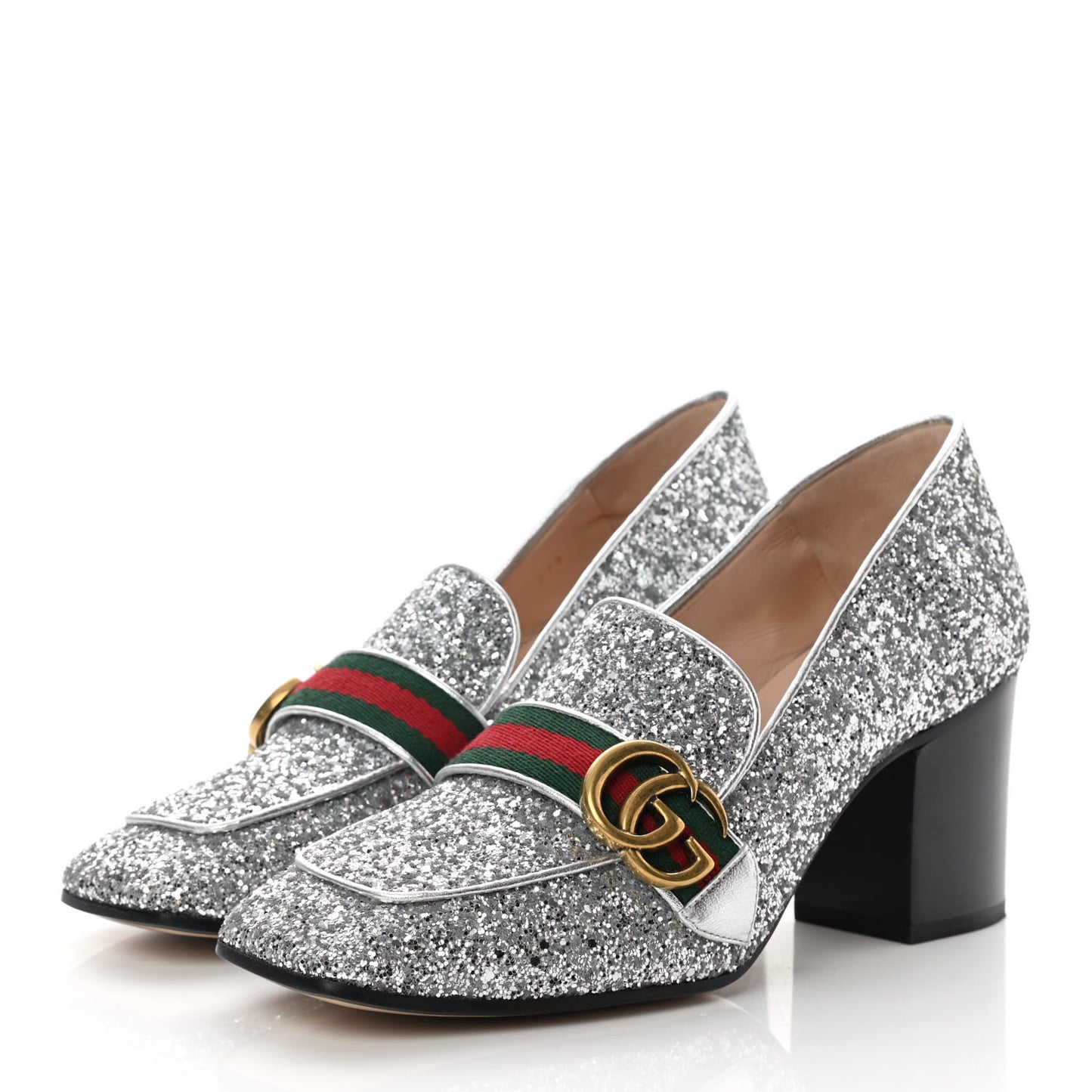 Glitter Nappa Web Peyton 75mm Loafer Pumps 38.5 Argento