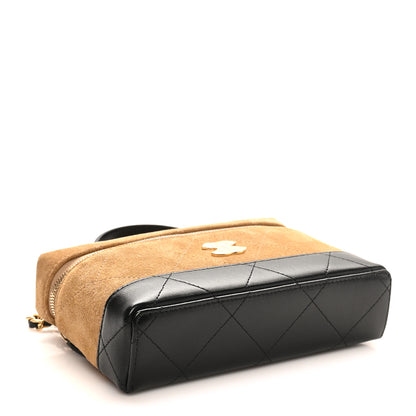 Chanel Suede Calfskin Shiny Lambskin Stitched Top Handle Slim Vanity Case With Chain Beige Black 4 of 11