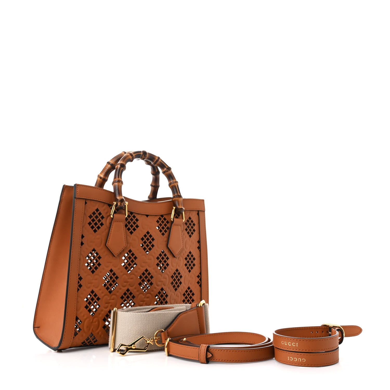 Gucci Calfskin Debossed GG Lase-Cut Small Diana Tote Bag Harness Brown 3 of 9