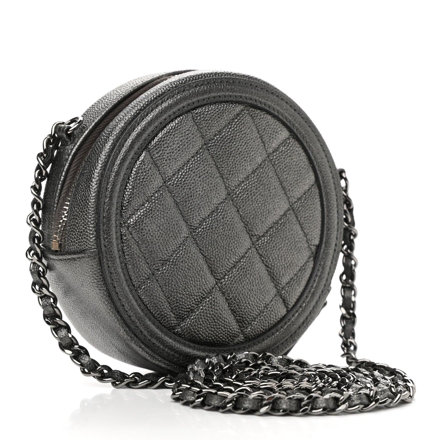 Metallic Caviar Quilted Round Filigree Crossbody Ruthenium
