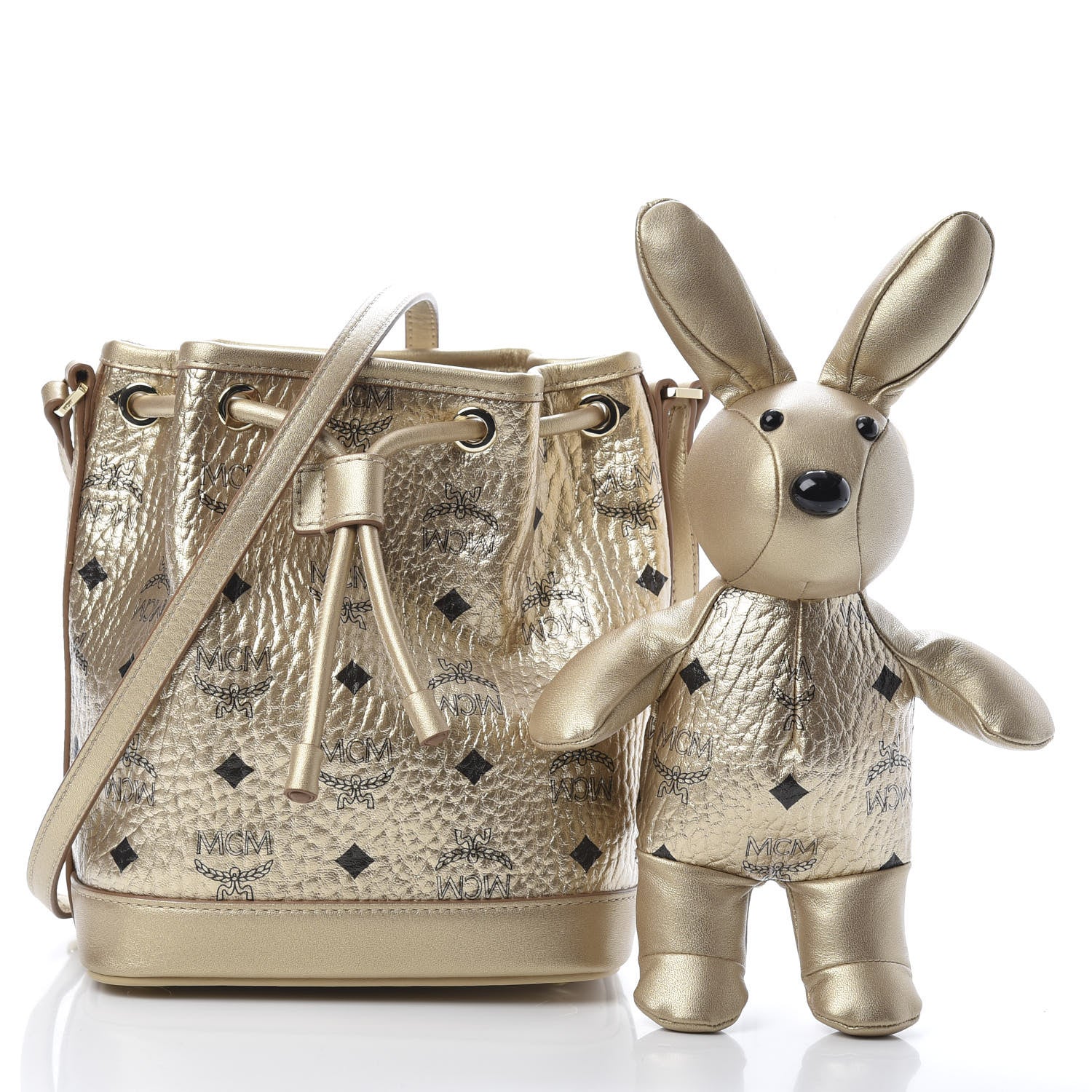 MCM Metallic Visetos Zoo Rabbit Drawstring Bucket Bag Berlin Gold 3 of 11
