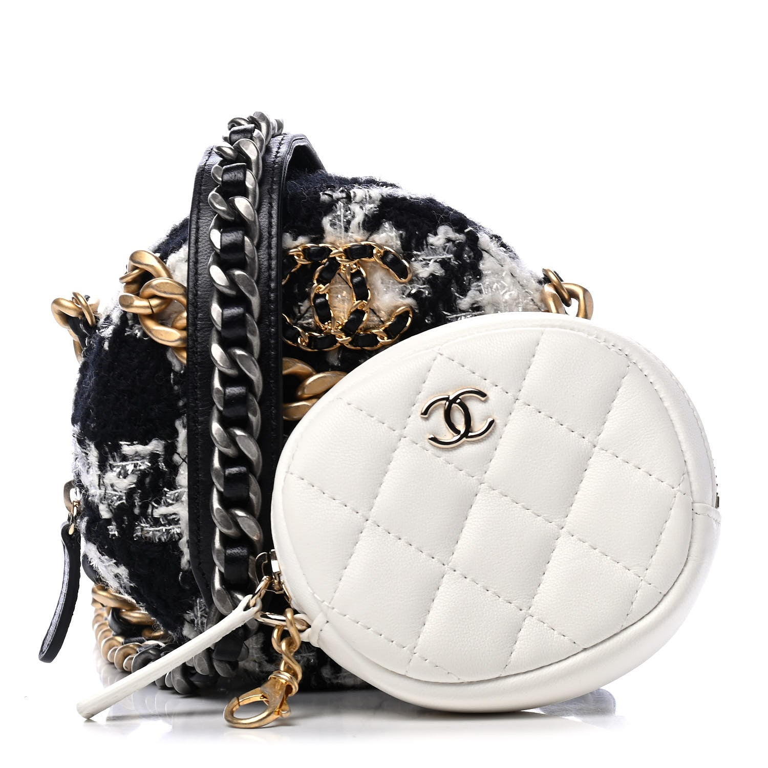 Chanel Wool Tweed Lambskin Quilted Chanel 19 Round Clutch With Chain and Coin Purse Black White 1 of 4