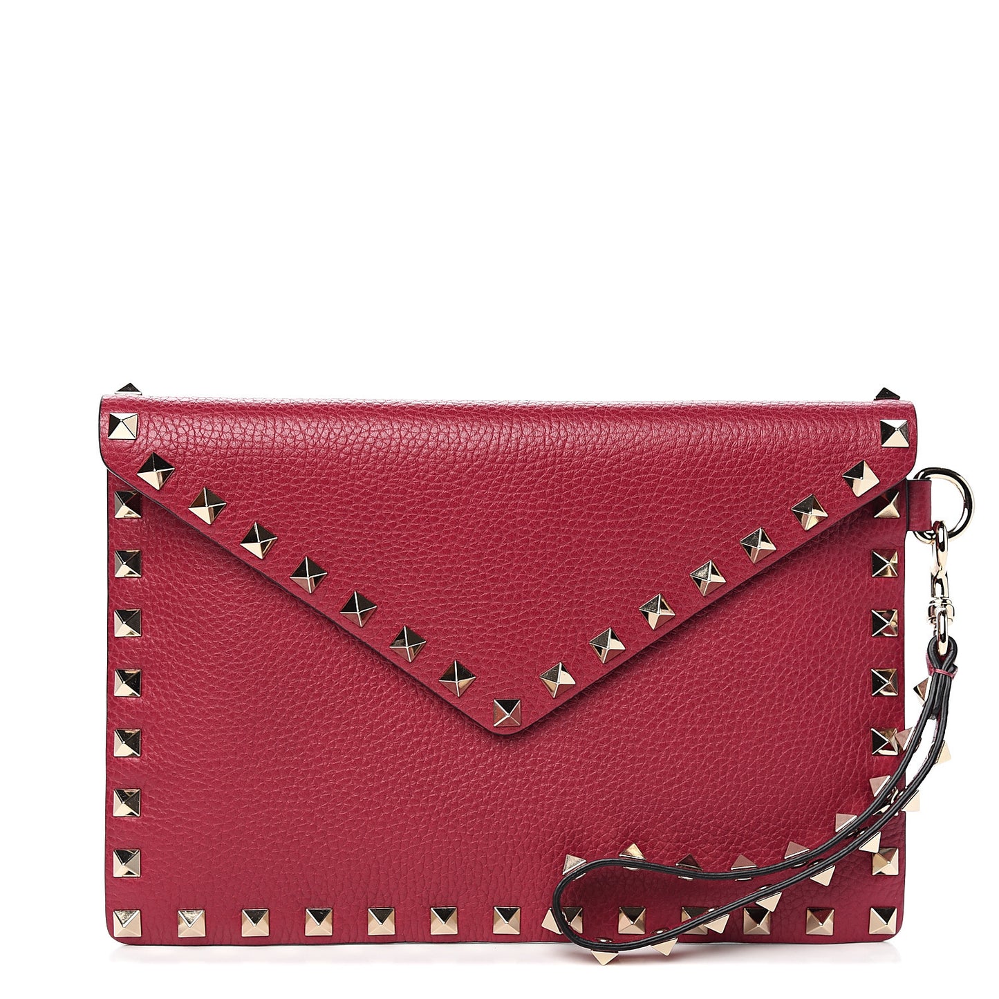 Pebbled Calfskin Medium Rockstud Envelope Flat Wristlet Pouch Fuxia