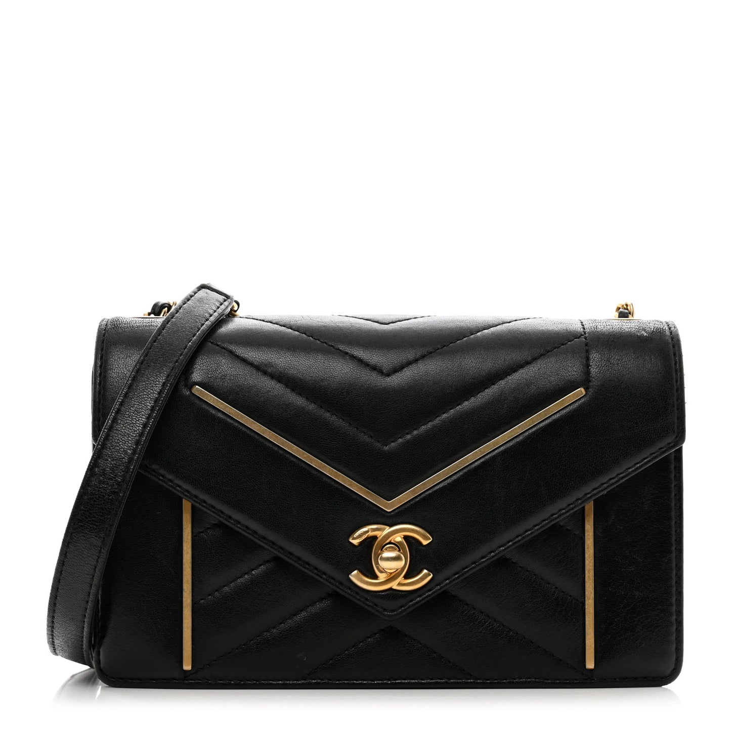 Lambskin Reversed Chevron Quilted Flap Black