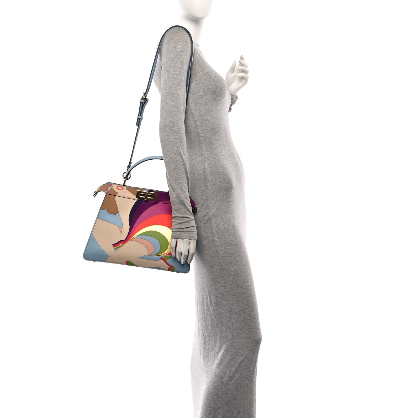 Vitello Seta Nappa Bi-Color Rainbow Girl Inlay Medium Peekaboo I SEE U Satchel Azzurro Baby Multicolor