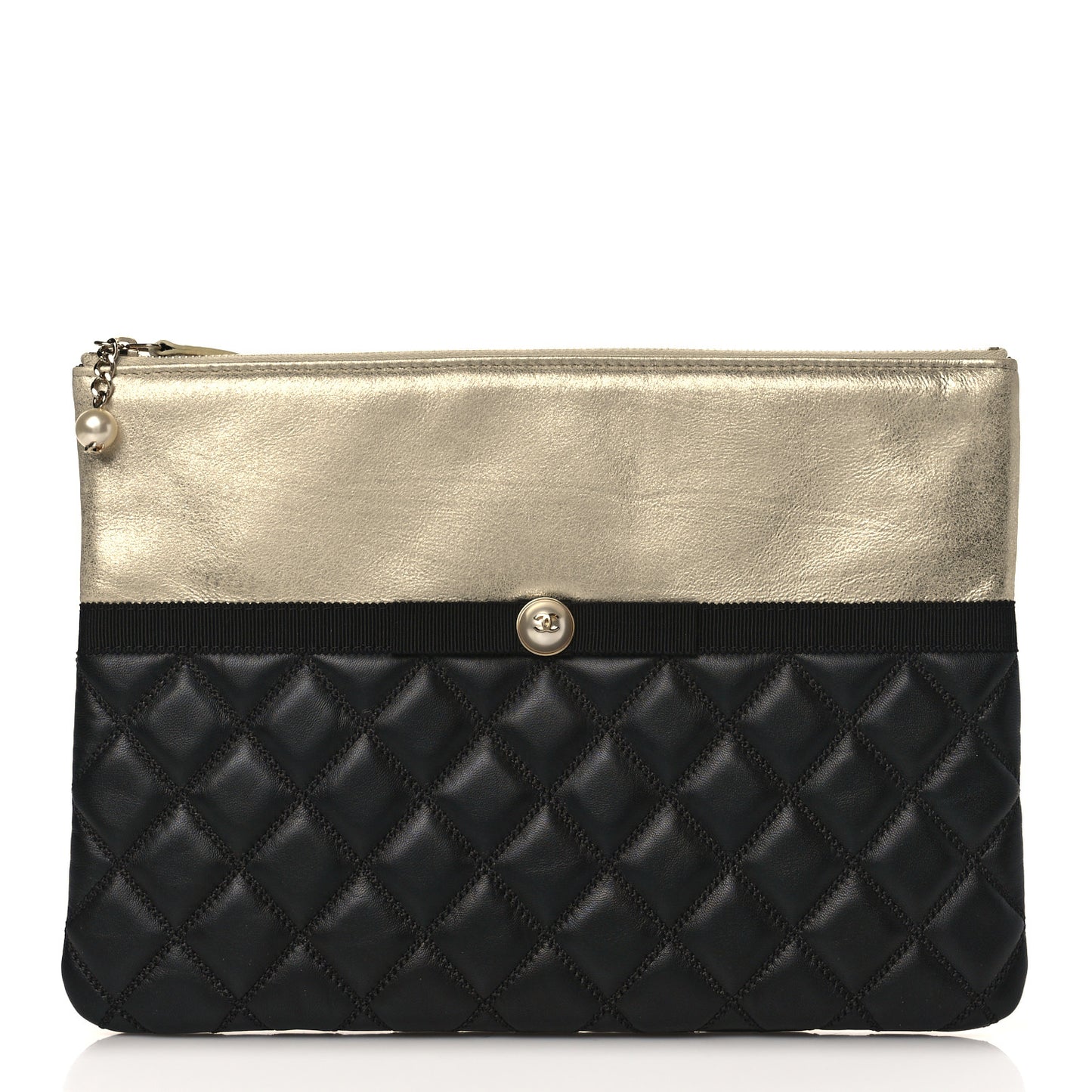 Metallic Goatskin Lambskin Grosgrain Pearl CC Medium Cosmetic Case Black Gold