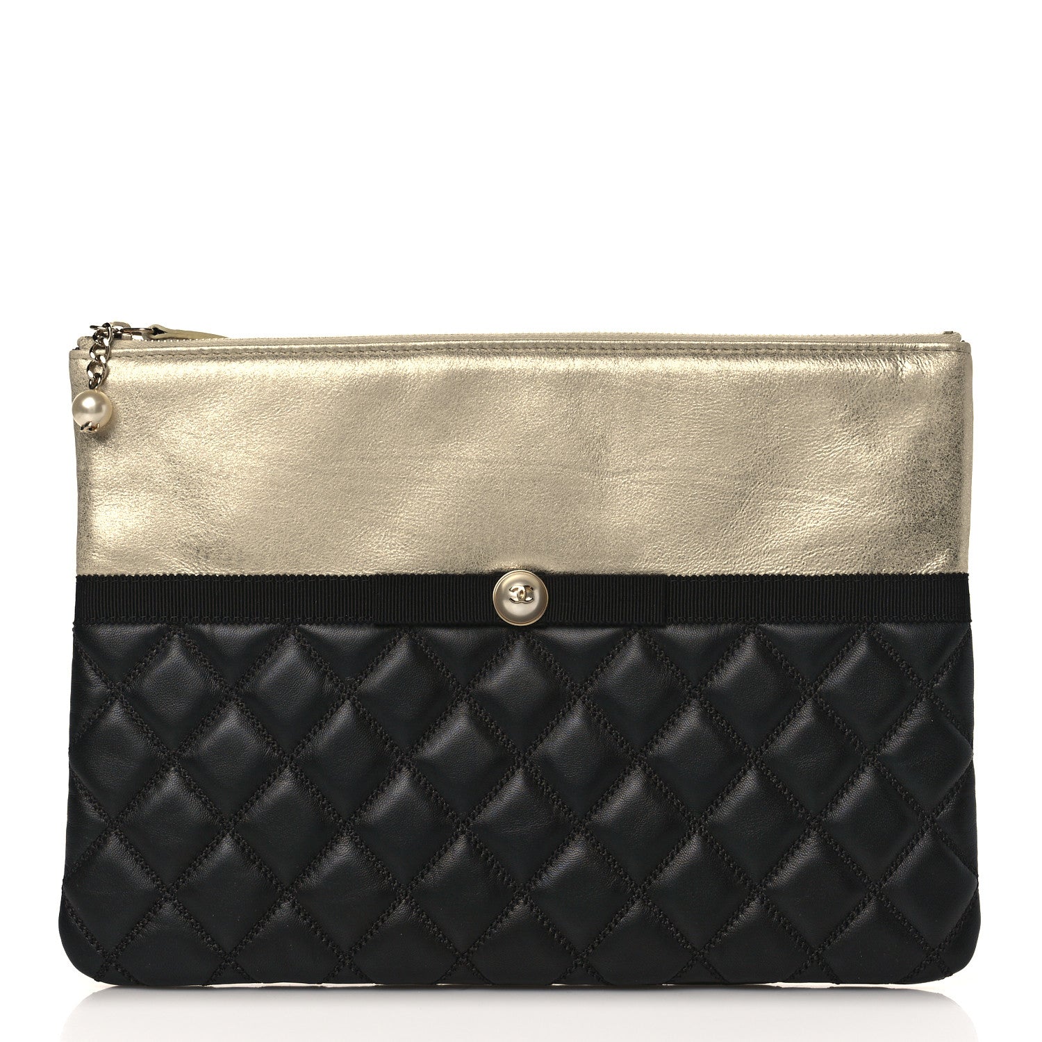 Chanel Metallic Goatskin Lambskin Grosgrain Pearl CC Medium Cosmetic Case Black Gold 1 of 10