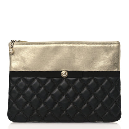 Chanel Metallic Goatskin Lambskin Grosgrain Pearl CC Medium Cosmetic Case Black Gold 1 of 10