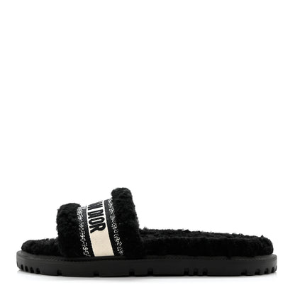 Christian Dior Shearling Canvas Lurex Embroidered Dway 10mm Slide Sandals 40 Black Natural 1 of 10