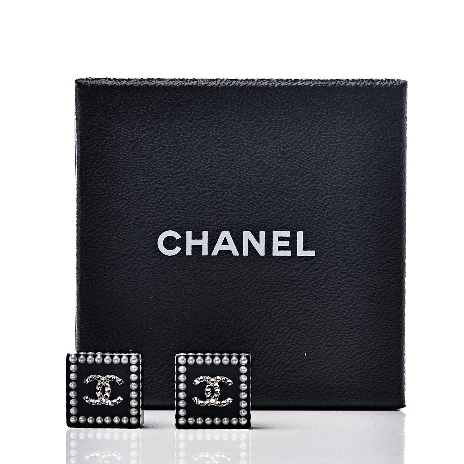 Chanel Resin Crystal Pearl Square CC Earrings Black 4 of 4
