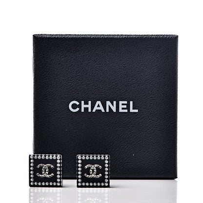 Chanel Resin Crystal Pearl Square CC Earrings Black 4 of 4