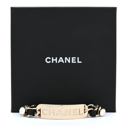 Chanel Metal Lambskin Pearl Name Plate Bracelet Black Gold 6 of 6