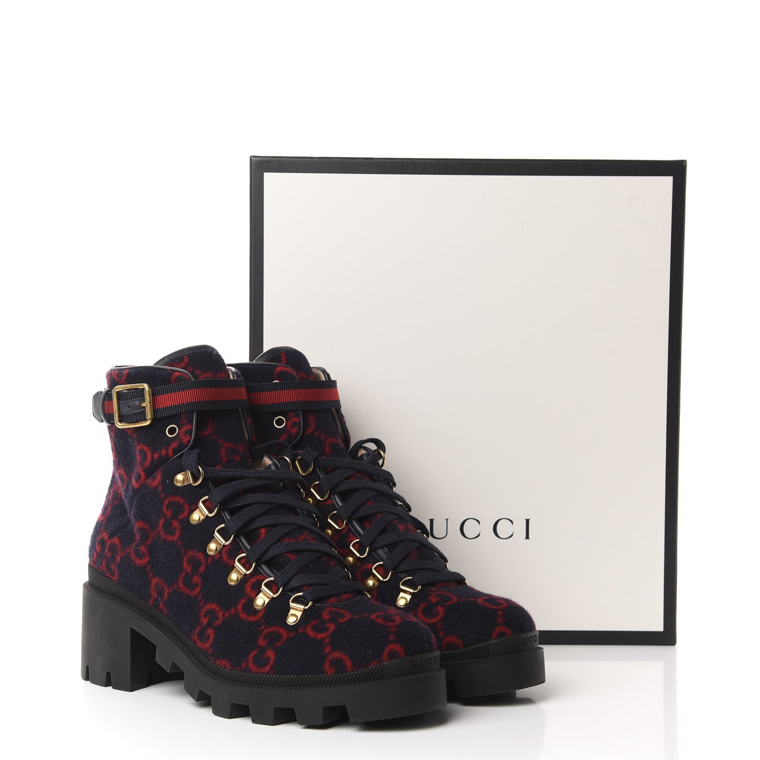 Gucci Covered Wool Big GG Monogram Womens Lace Up Combat Ankle Boots 42 Blue Red 10 of 10
