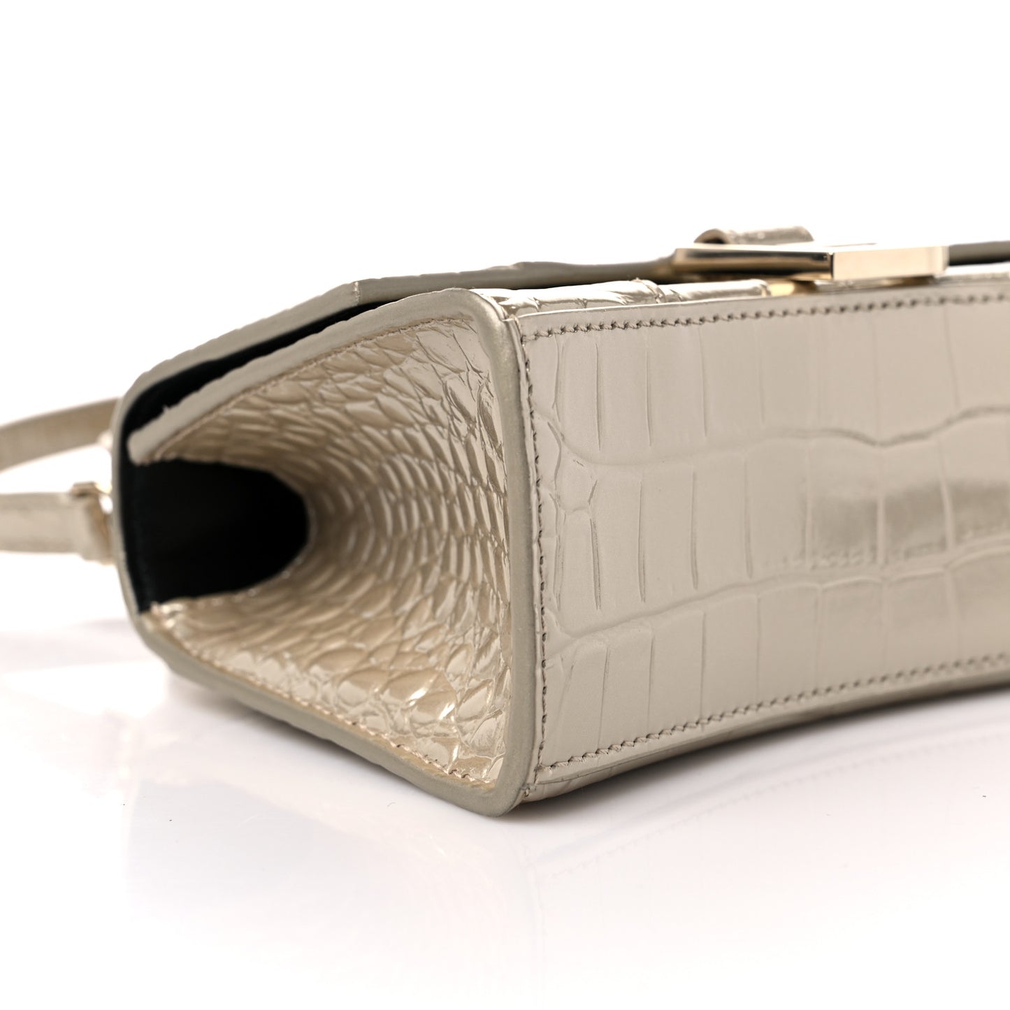 Metallic Shiny Calfskin Crocodile Embossed Hourglass Top Handle Bag XS Gold