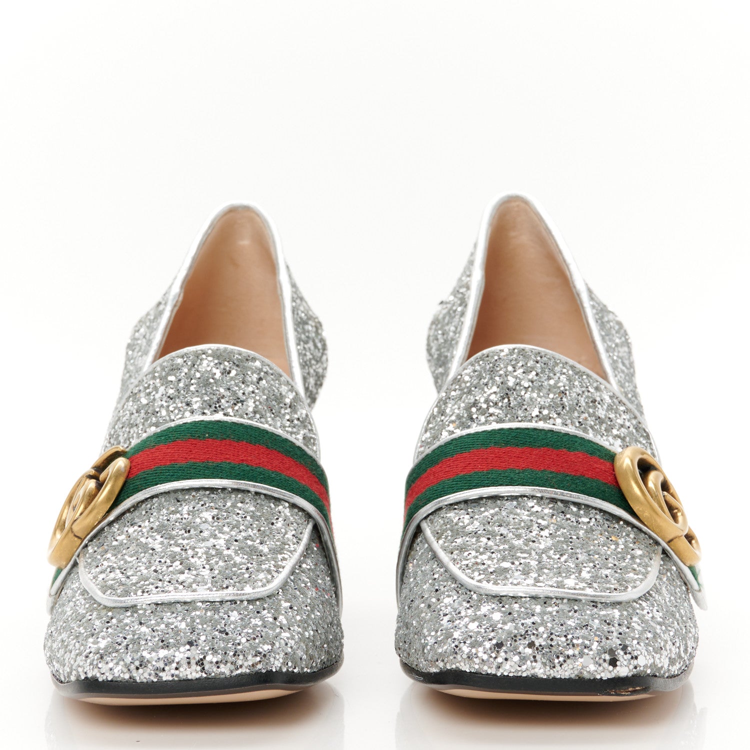 Gucci Glitter Nappa Web Peyton 75mm Loafer Pumps 37.5 Argento 3 of 10