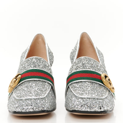Gucci Glitter Nappa Web Peyton 75mm Loafer Pumps 37.5 Argento 3 of 10