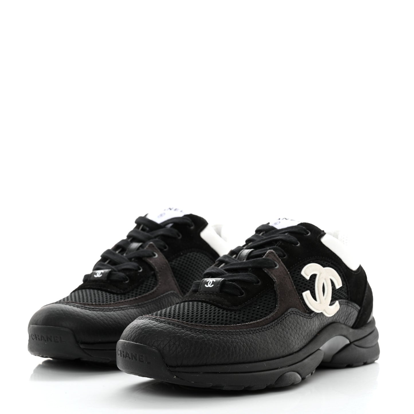 Mesh Suede Grained Calfskin Womens CC Sneakers 39.5 Black White